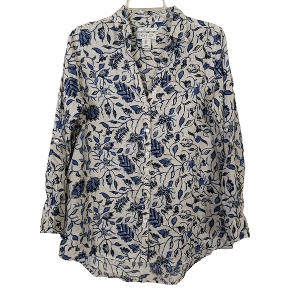 Rachel Zoe 100% linen long sleeve button up floral tab‎ sleeve V neck blouse S - Picture 1 of 9